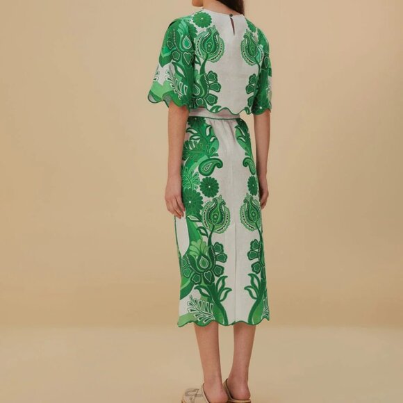 NWT FARM Rio Green and White Floral Linen Midi Skirt - Picture 3 of 10